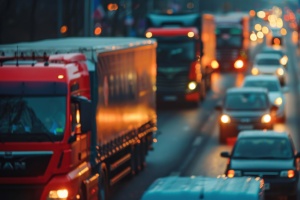 Busy urban road filled with cars and trucks during rush hour, depicting heavy traffic and city congestion.