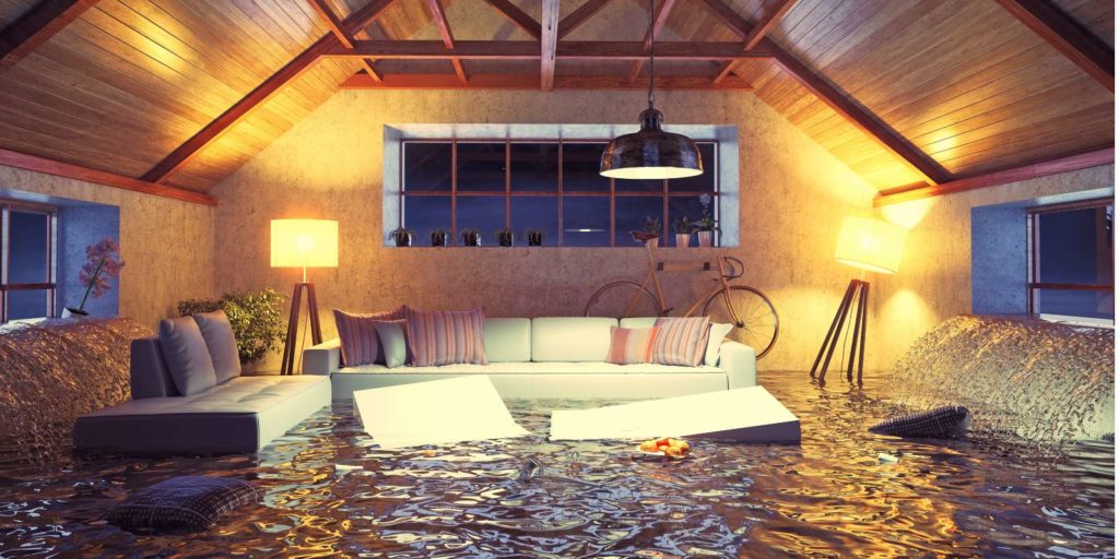 Flooded living room space. Flood insurance for renters provide renters with coverage up to $100,000