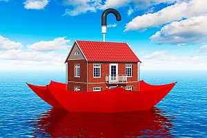 a home floating in a red umbrella on a large body of water representing flood insurance