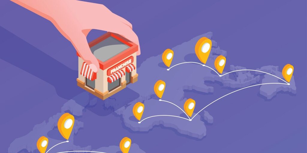 franchise isometric composition with location and finance symbols vector illustration