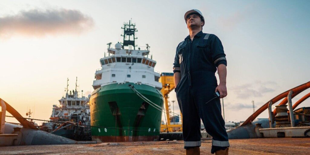 marine deck officer or chief mate on deck of offshore vessel or ship
