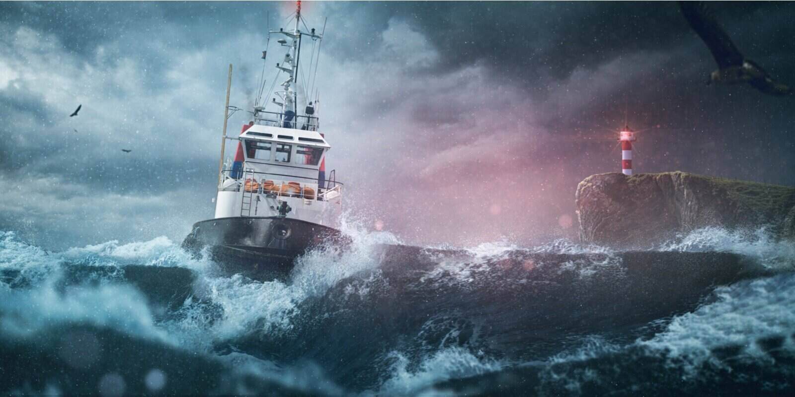 ship lighthouse storm waves sea