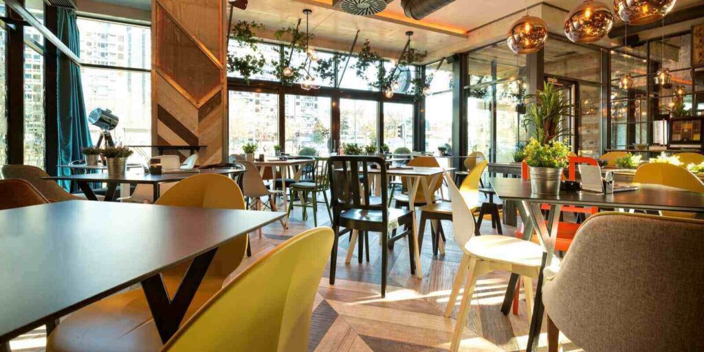 interior of a modern urban restaurant in the morning sunlight