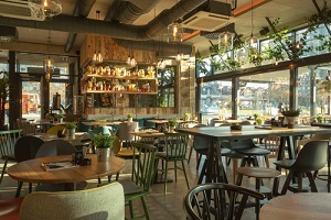 modern urban restaurant in the morning sunlight