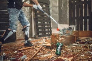 man breaking bottle in rage room