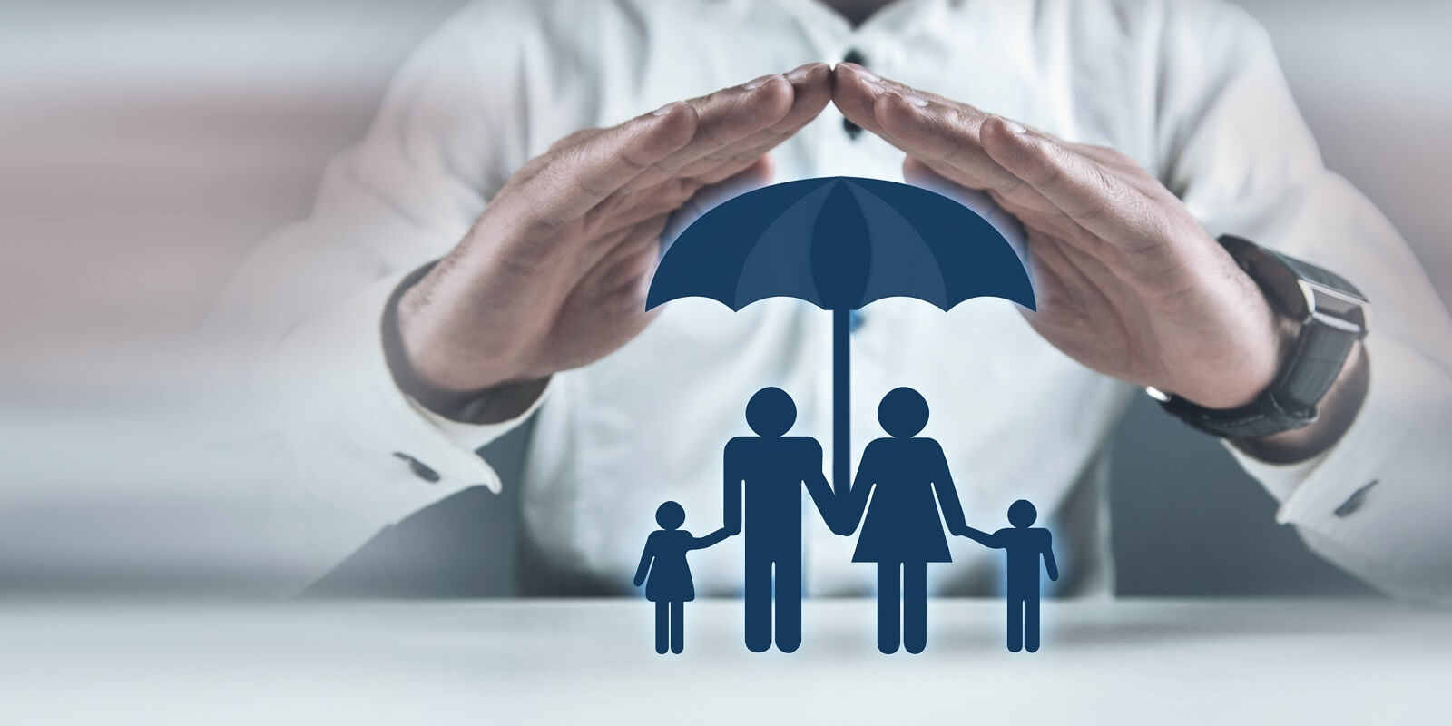 man protect family symbol with a umbrella
