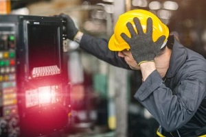 confused worker checking machine