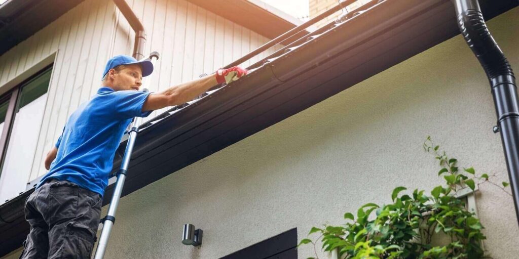 man on ladder cleaning house gutter from leaves and dirt