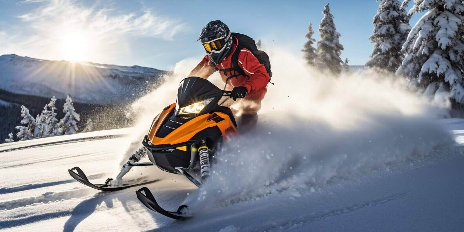 athlete on a snowmobile moving in the mountains at sunset