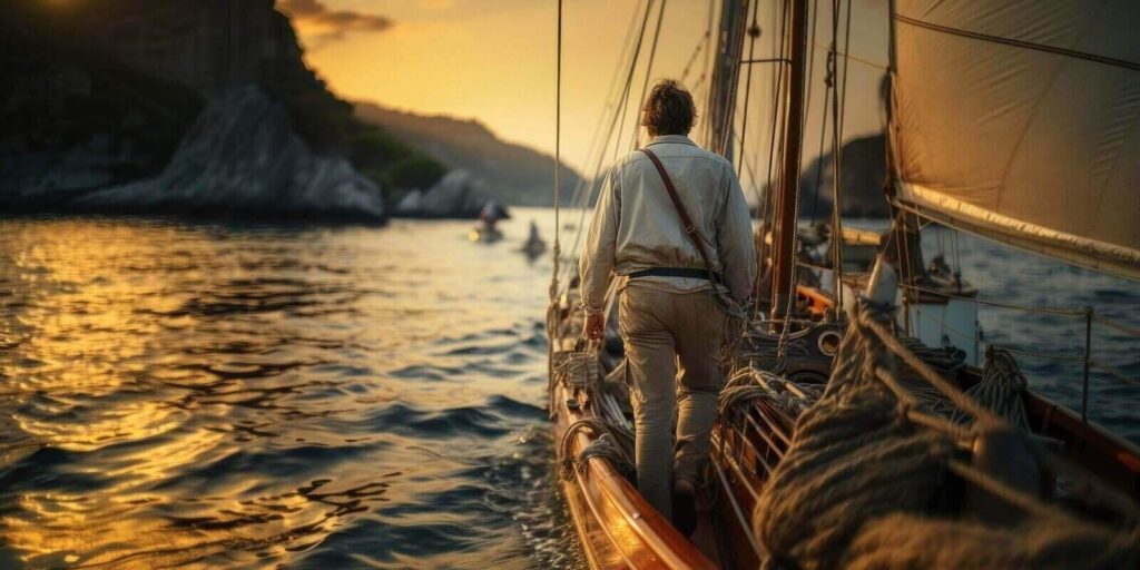 back view of Caucasian sailor on sailing yacht in tropical seas