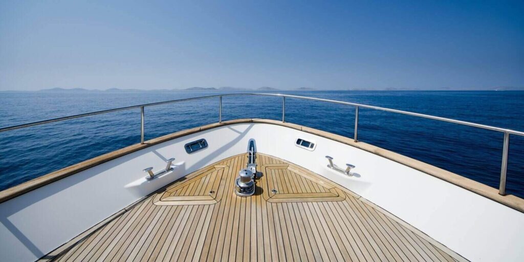 wide angle shot of front of the yacht in summer time