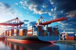 container ship transporting container boxes at an import-export dock with quay cranes