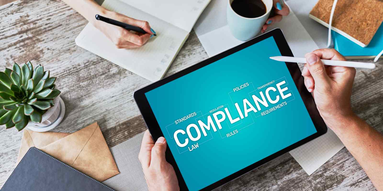 Compliance concept with icons and diagrams. Regulations, law, standards, requirements, audit. Concept on device screen.