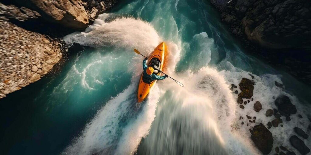aerial top view Extreme sport kayak sails mountain river with sun light