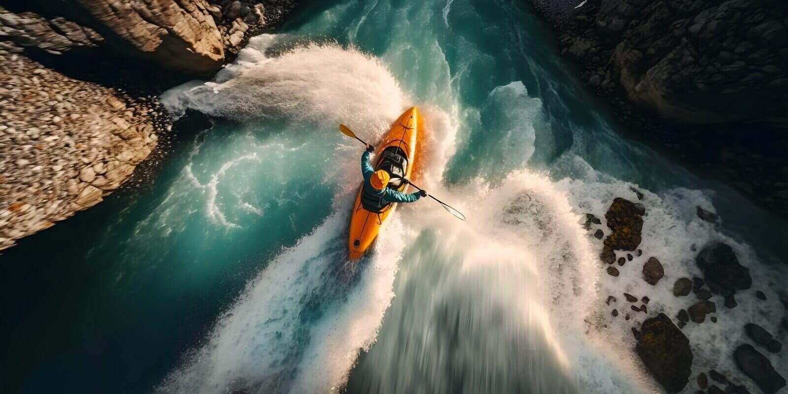 aerial top view Extreme sport kayak sails mountain river with sun light