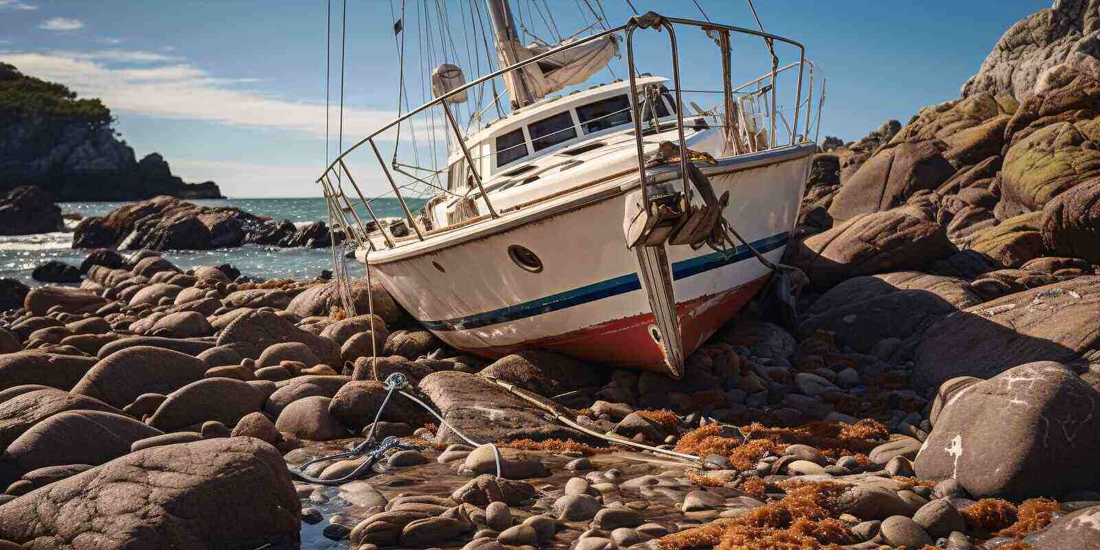 high-definition picture of a leisure boat stuck on coastal rocks following an accident