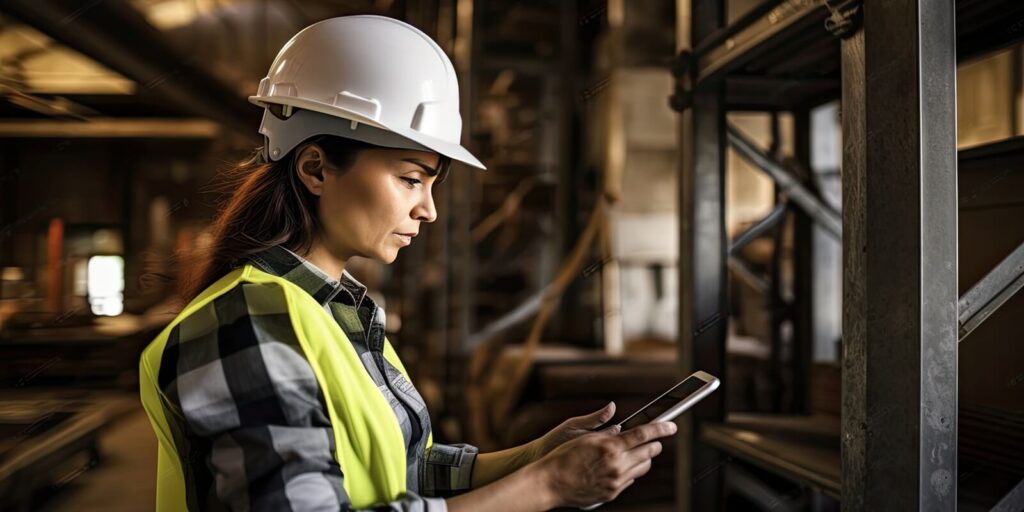 middle aged Caucasian female engineer architect foreman on construction site with tablet computer