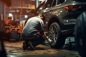 car mechanics changing tire at auto repair shop garage
