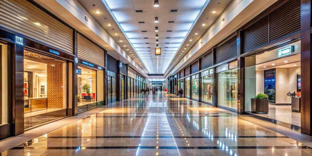 empty shopping mall corridor with illuminated store signs, perfect for retail marketing or advertising campaigns