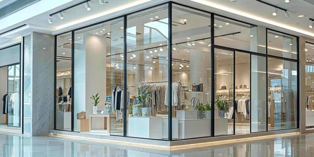 clothing boutique inside a bright shopping mall