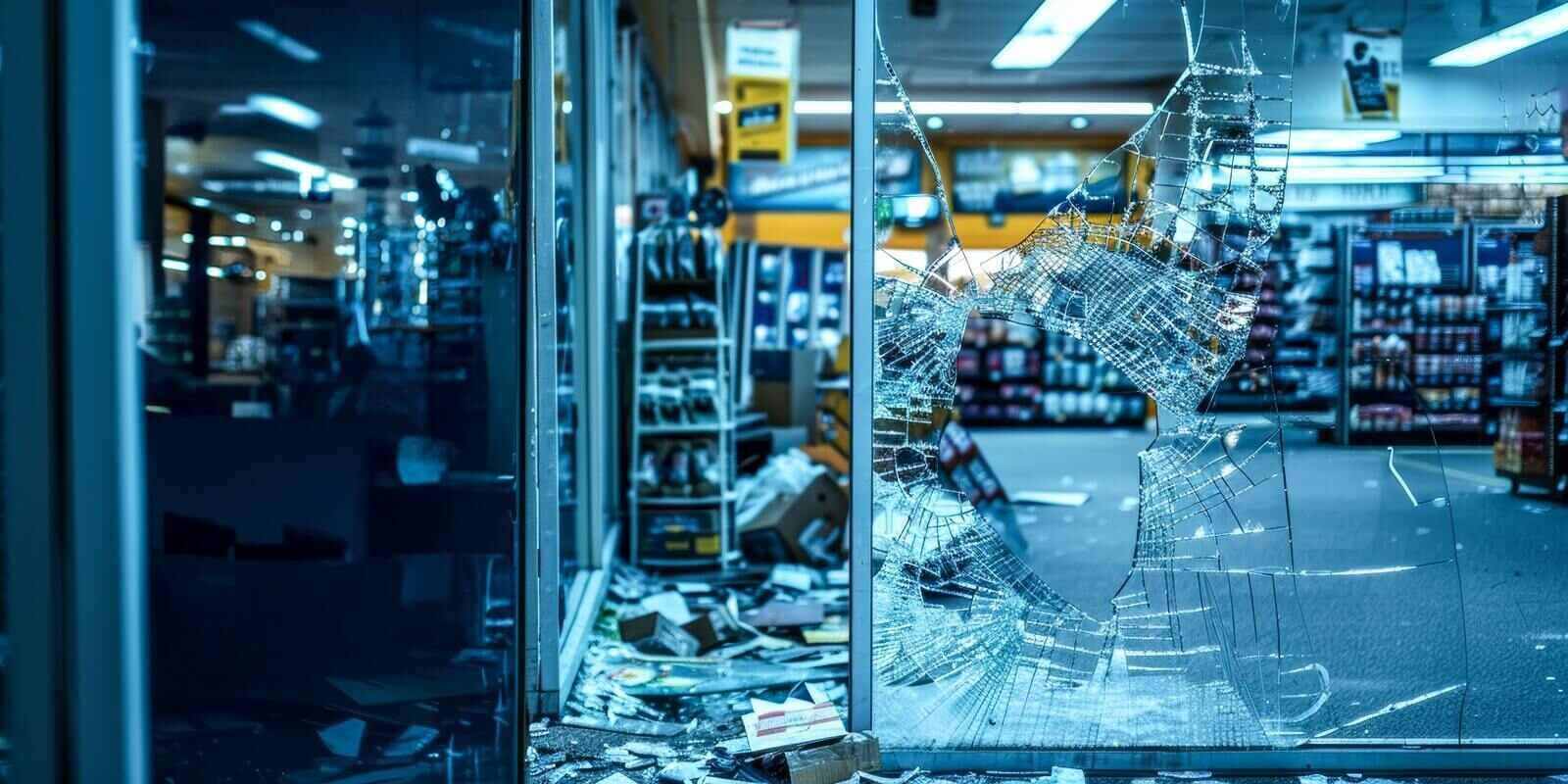 graphic image of a shattered storefront window with shards of glass