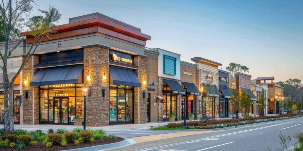 modern shopping center with brick facades and large windows at dusk