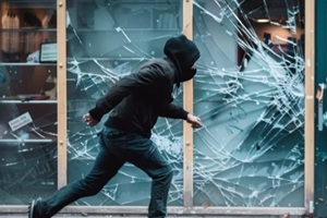 person in a dark hoodie sprints past a store with broken glass, implying a recent criminal activity like a robbery
