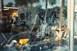 shattered glass window of a store, hinting at an unfortunate incident, with chaos inside