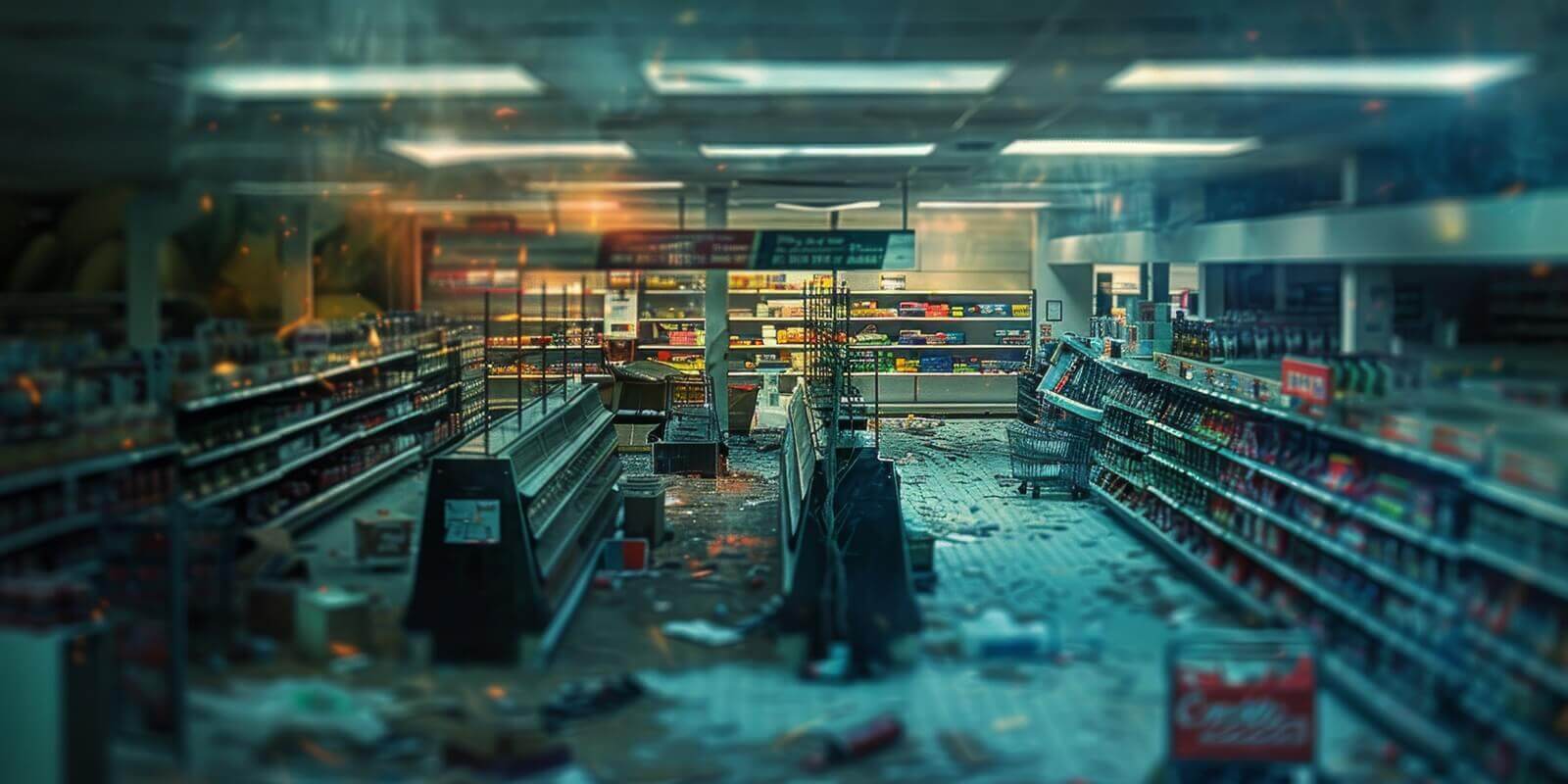 abandon supermarket, debris derelict shelves, broken glass, rubbish