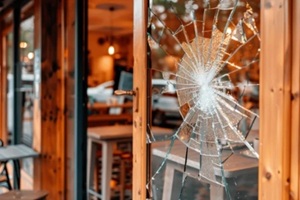 broken glass of a luxury retail store