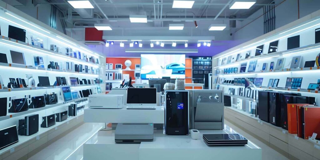interior of electronics store with various appliances arranged for sale