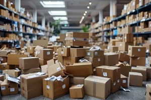 overwhelming scene of cardboard boxes chaotically piled and scattered in a warehouse