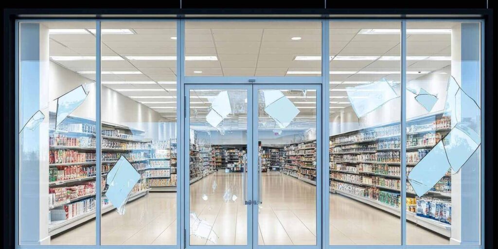 shattered commercial windows with cracked glass facade