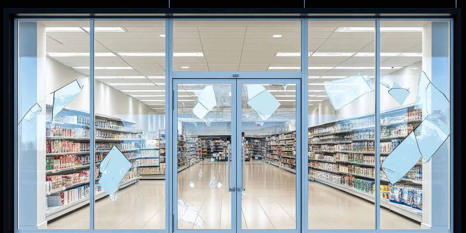 shattered commercial windows with cracked glass facade