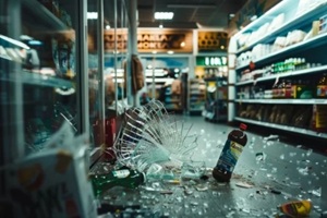 shattered glass and toppled products mark the aftermath of an incident in a bustling supermarket