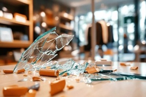 Shattered glass on a wooden surface with scattered debris in a retail store setting