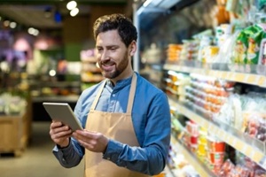 man checking tablet while working on a laptop