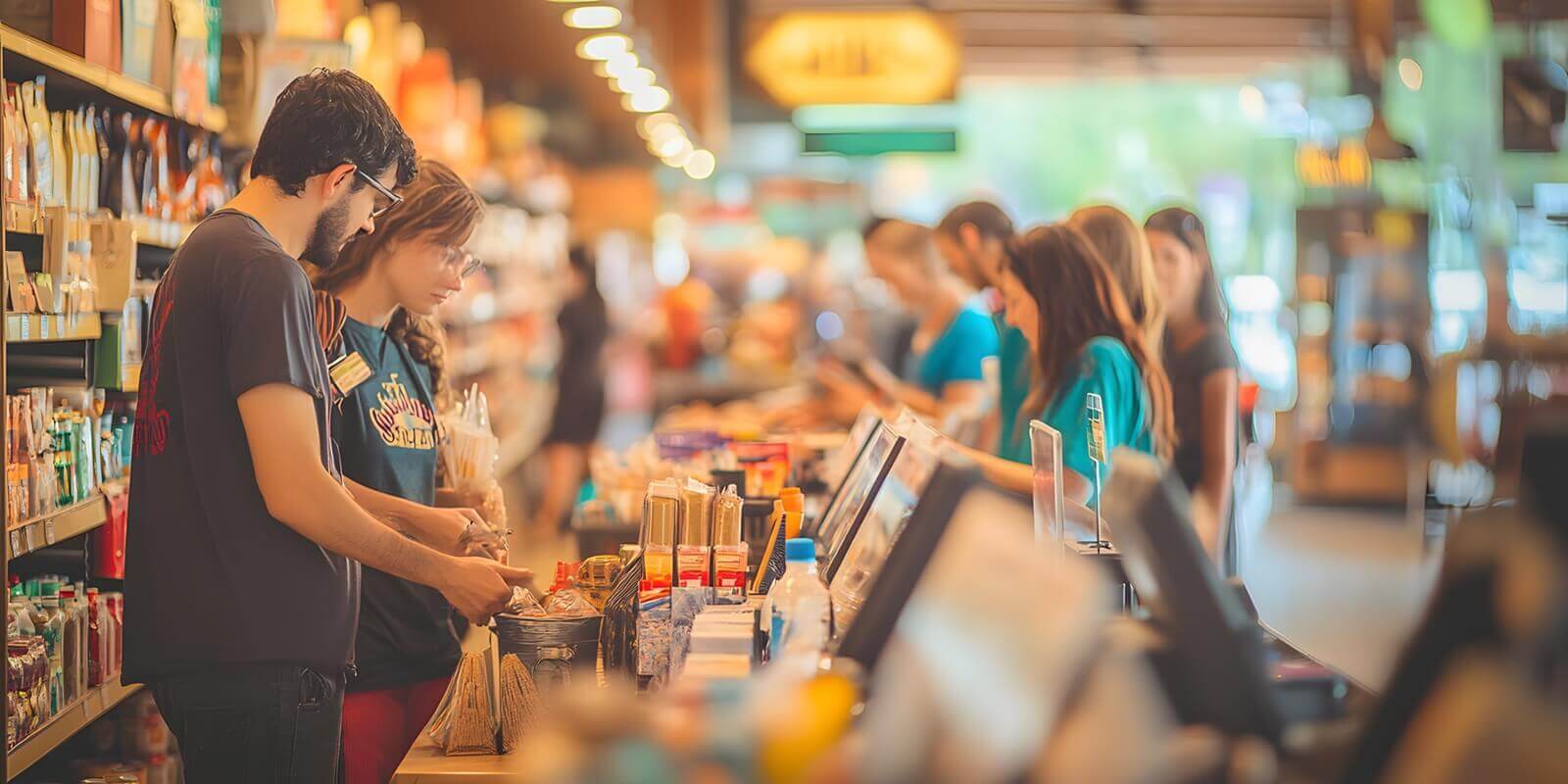 busy checkout line at retail store