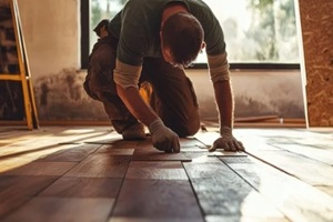 man installing floor tiles