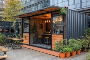 shipping container repurposed as a small pop-up shop or cafe