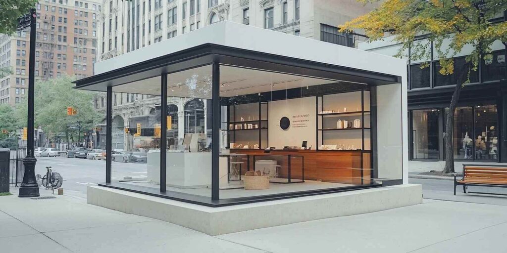 modern minimalist pop-up shop on city street