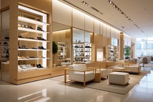 modern, sleek shoe store interior featuring ambient lighting, minimalist shelves, and an elegant