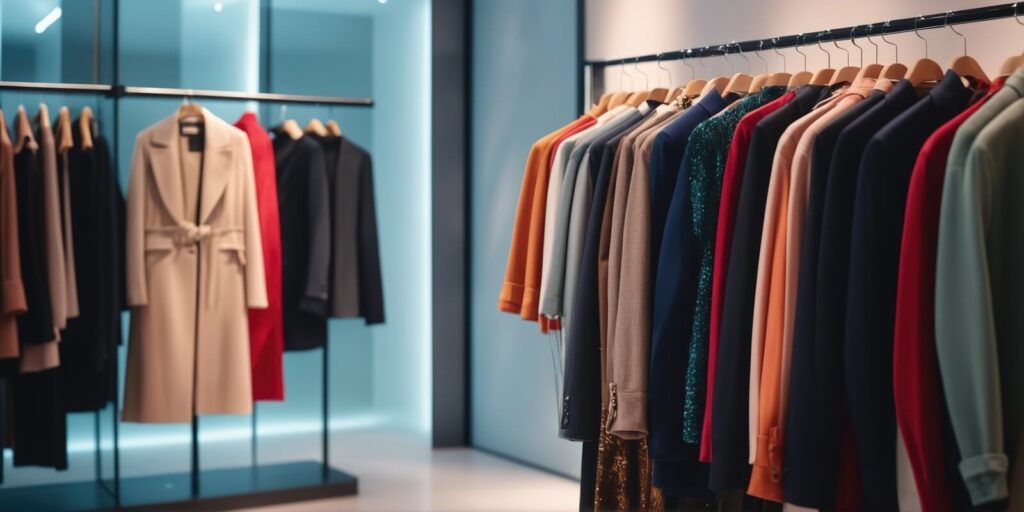 rack of colorful coats and jackets hangs in a retail store, ready for customers to try on