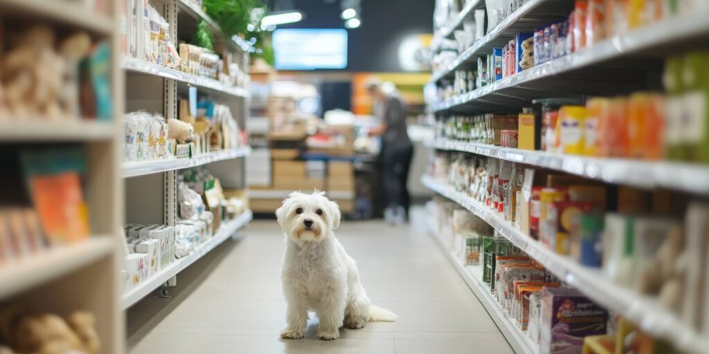 dog sitting on a pet shop