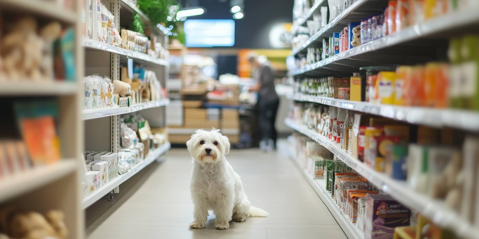 dog sitting on a pet shop