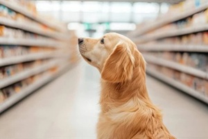 golden retriever sits in a pet store aisle