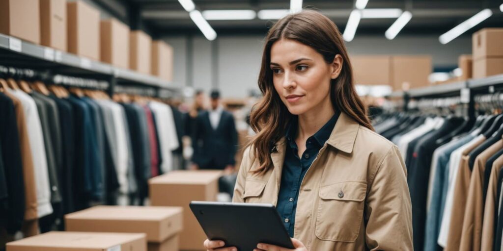 logistics and confident fashion manager with a checklist in retail store clothes or clothing boxes inspection