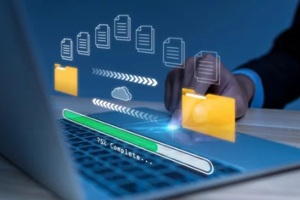 business people hand touching on laptop computer with file transfer holographic AI technology icon