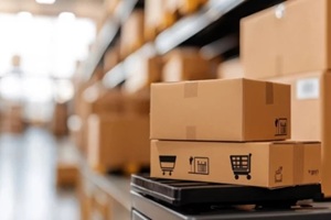 cardboard boxes waiting for delivery in distribution warehouse