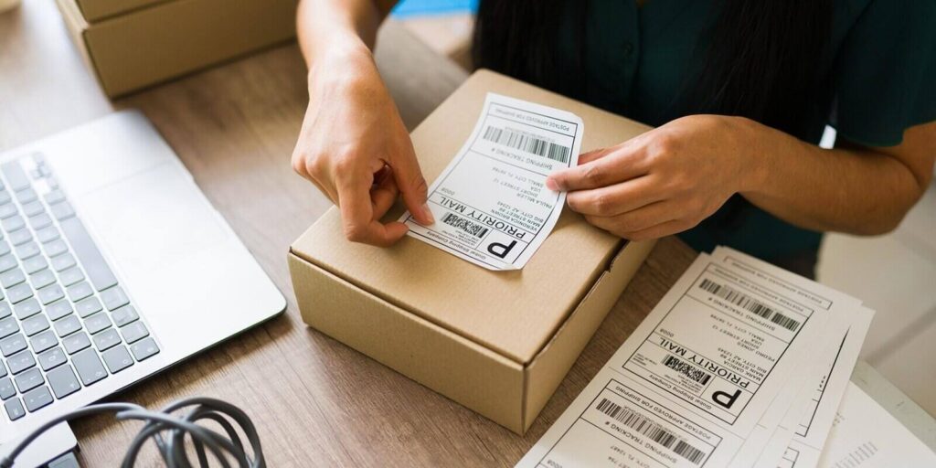 closeup of a female business owner preparing a shipment
